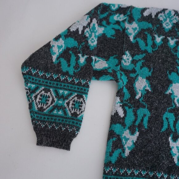 Vintage Grey Green Floral Knit Crewneck Fair Isle Fisherman Sweater S - Picture 8 of 10
